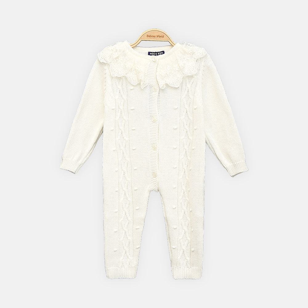 GIRL ROMPER CLASSIC WHITE CABLE-KNIT BUTTON-FRONT