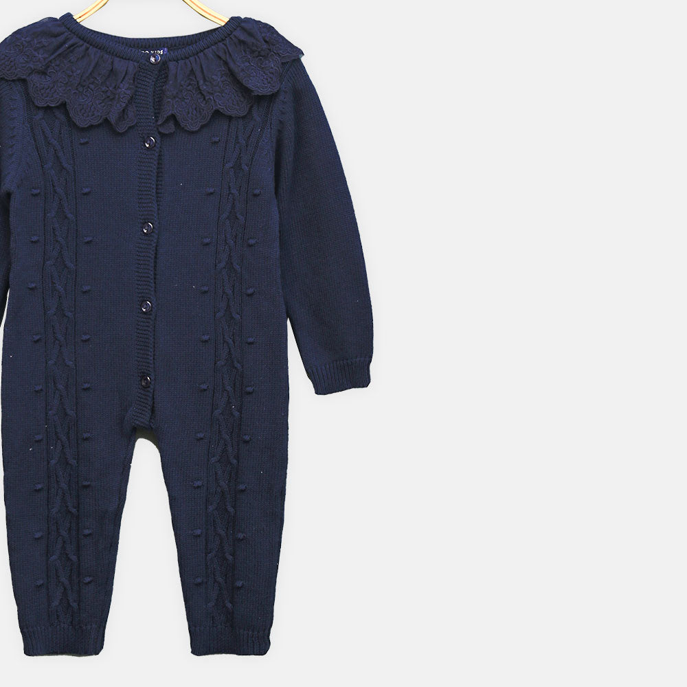 GIRL ROMPER CLASSIC NAVY CABLE-KNIT BUTTON-FRONT