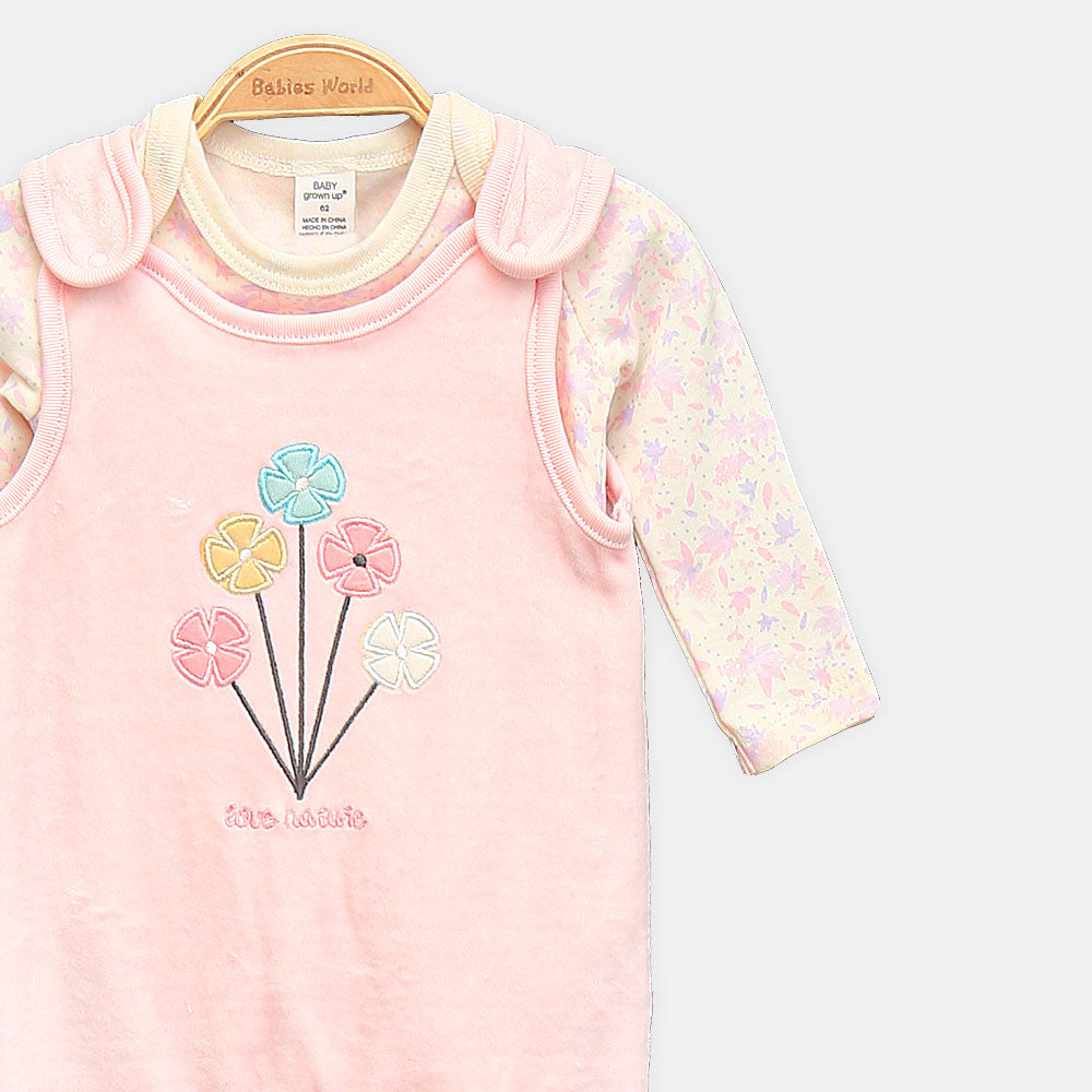 GIRL ROMPER PINK VELVET-TOUCH FOOTED