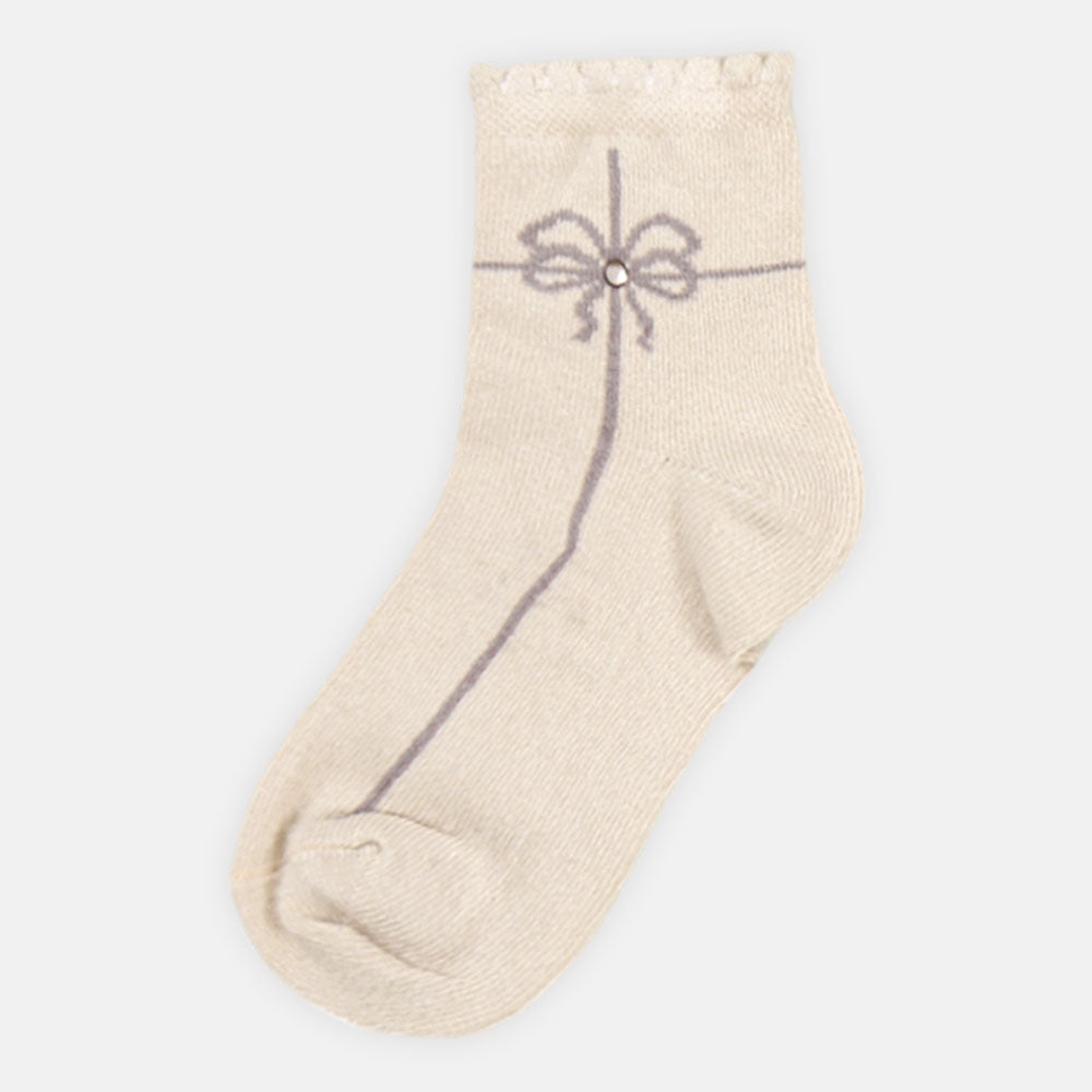 GIRL SOCKS BEIGE CRINKLE LINED BOW DETAIL