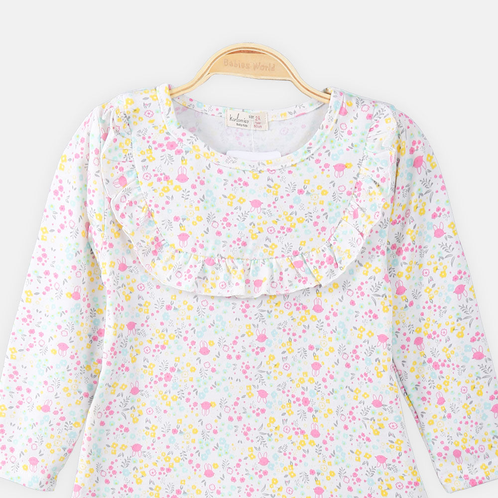 GIRL T-SHIRT WHITE FLORAL PRINTED