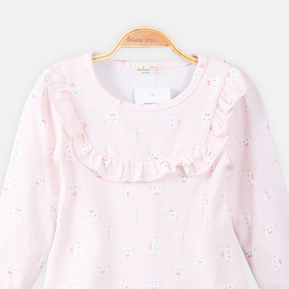 GIRL T-SHIRT PINK KITTY PRINTED