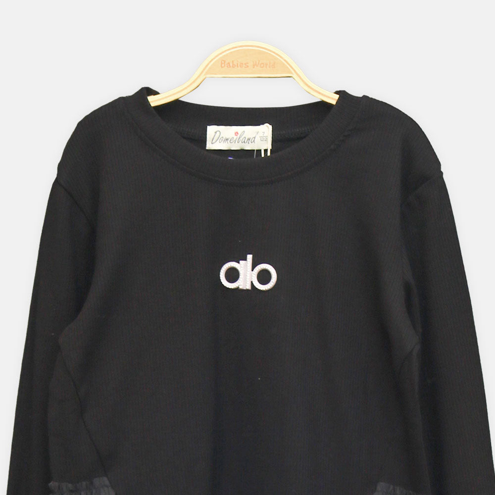 GIRL T-SHIRT BLACK RHINESTONE RUFFLE