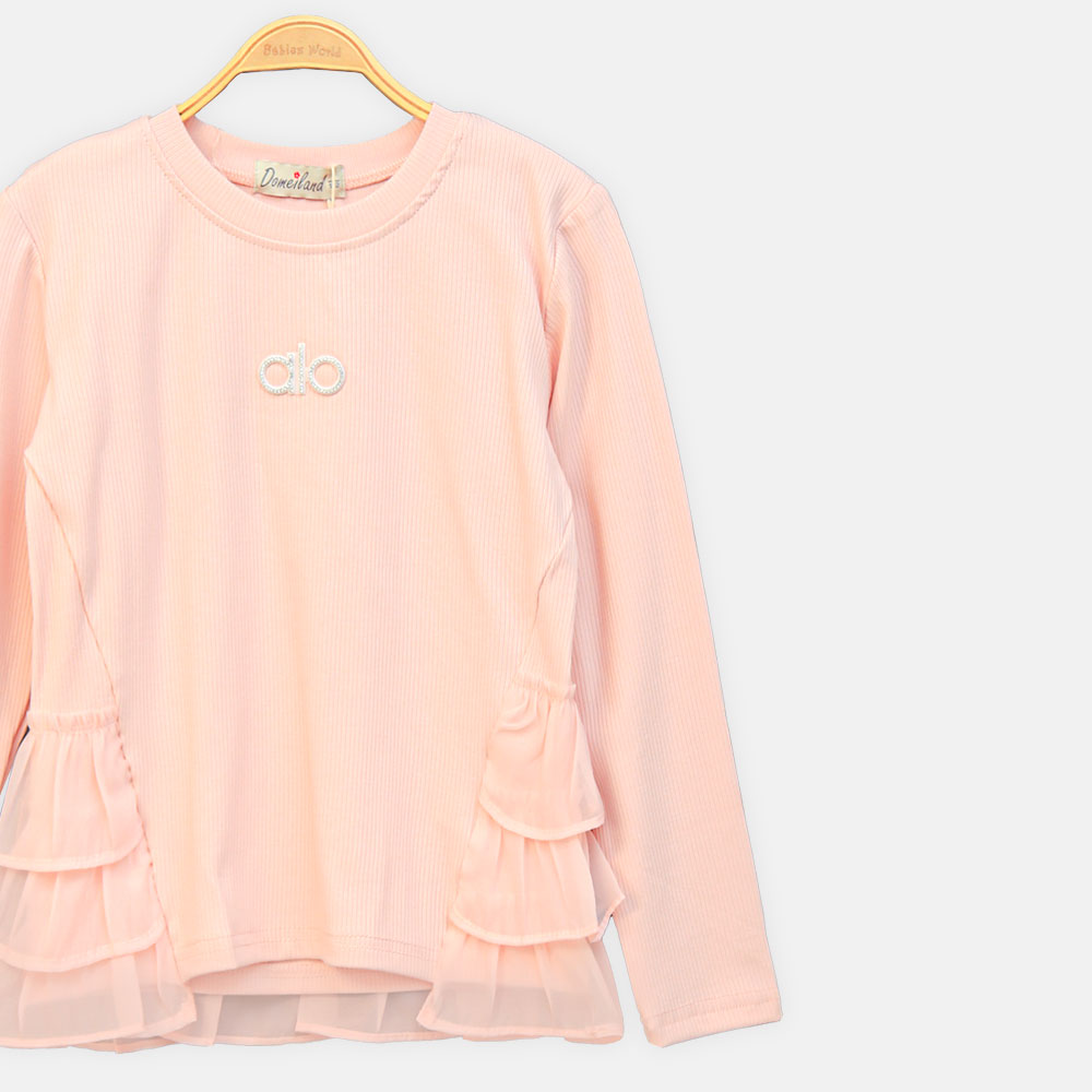 GIRL T-SHIRT PINK RHINESTONE RUFFLE