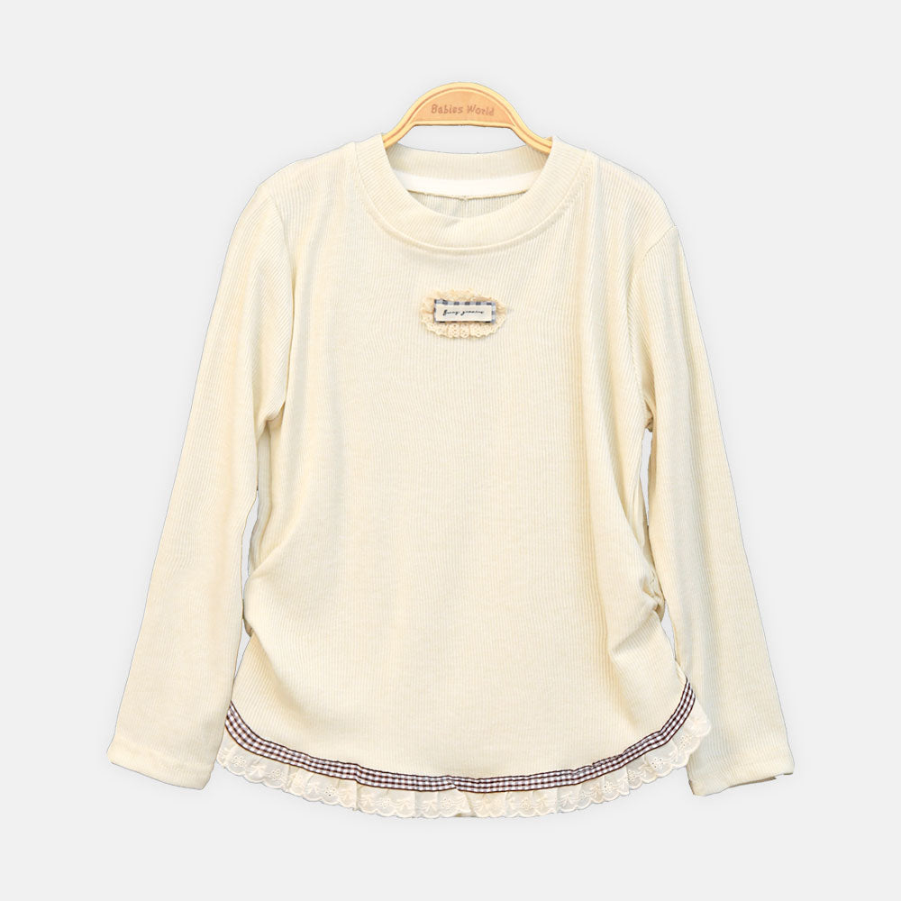 GIRL T-SHIRT BEIGE RIBBED ACCENT