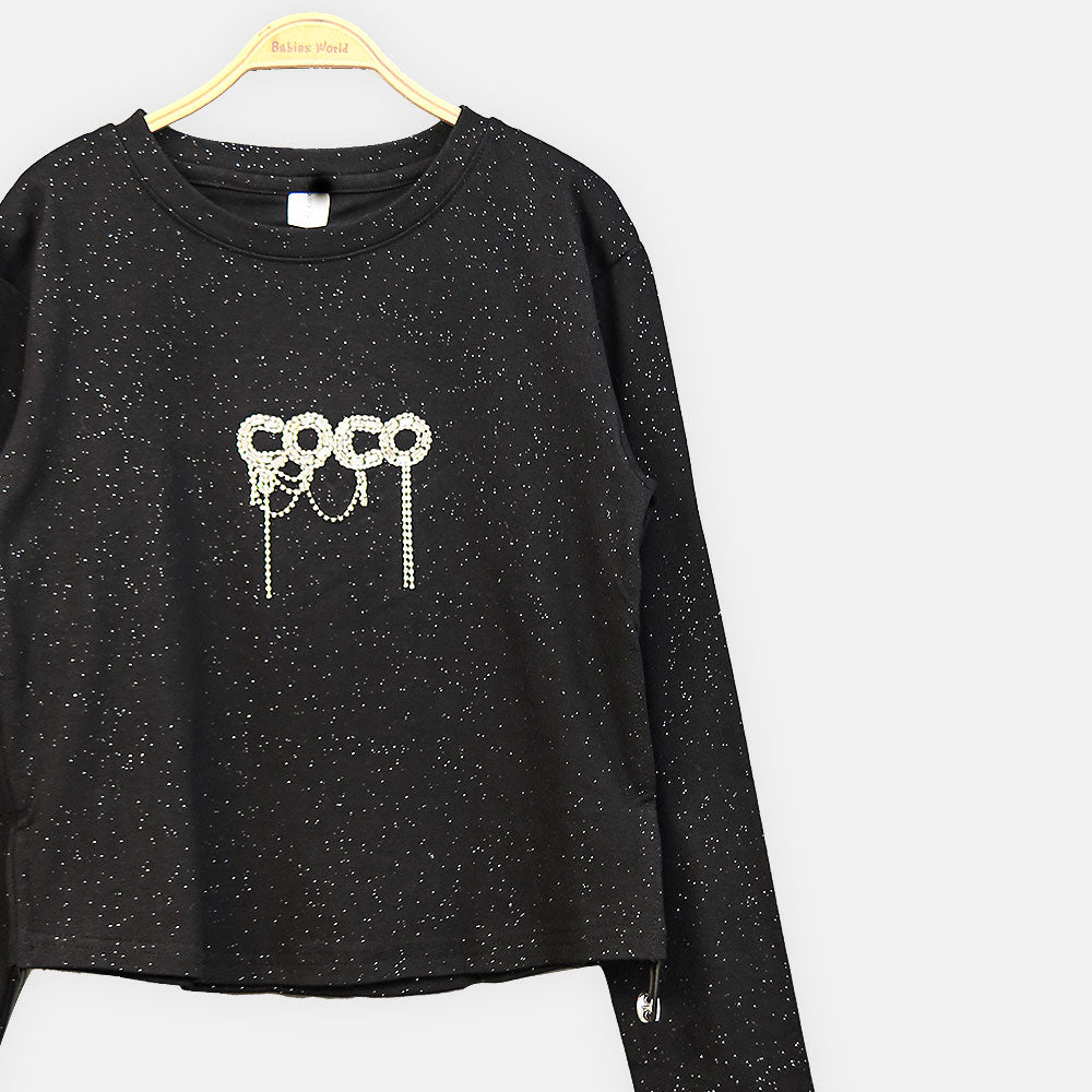 GIRL T-SHIRT BLACK RHINESTONE TASSEL