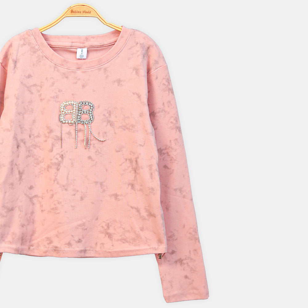 GIRL T-SHIRT PINK EMBELLISHED CREW NECK