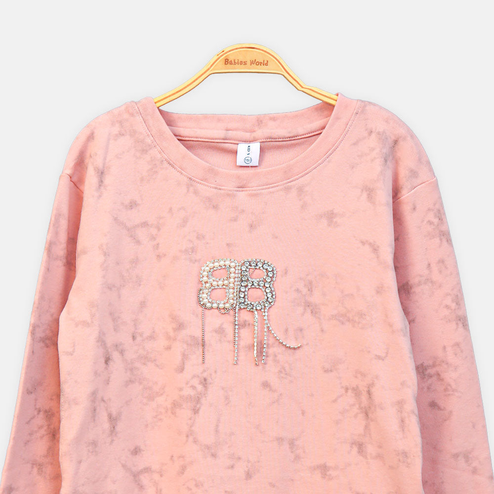GIRL T-SHIRT PINK EMBELLISHED CREW NECK