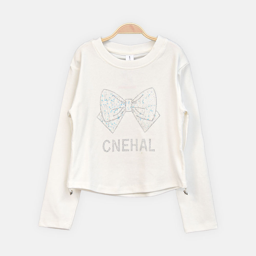 GIRL T-SHIRT WHITE RHINESTONE BOW
