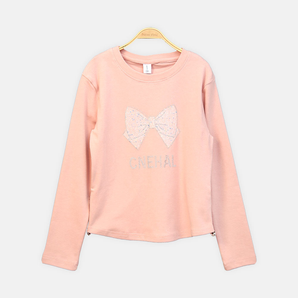 GIRL T-SHIRT PINK EMBELLISHED BOW