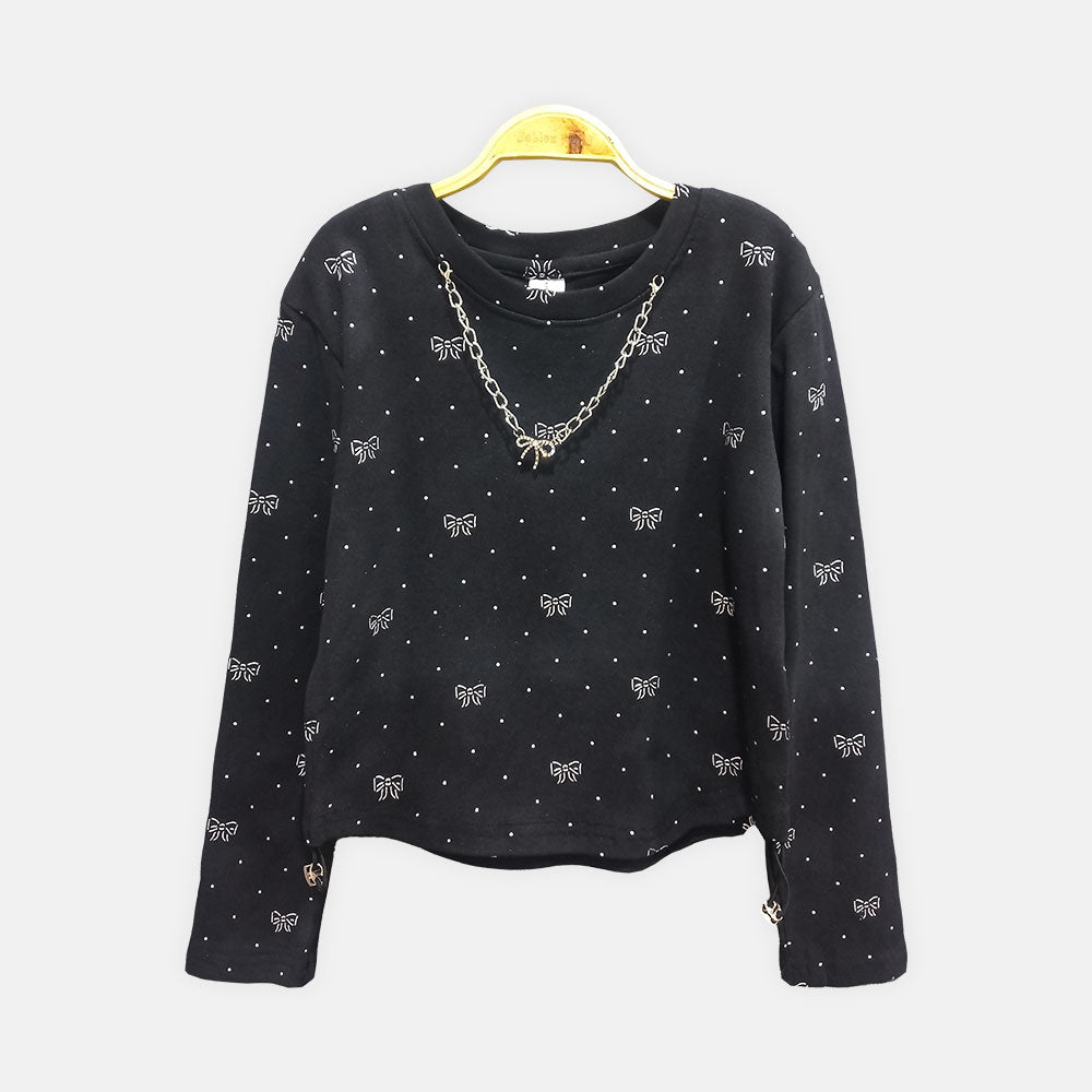 GIRL T-SHIRT BLACK BOW PRINT LONG-SLEEVE