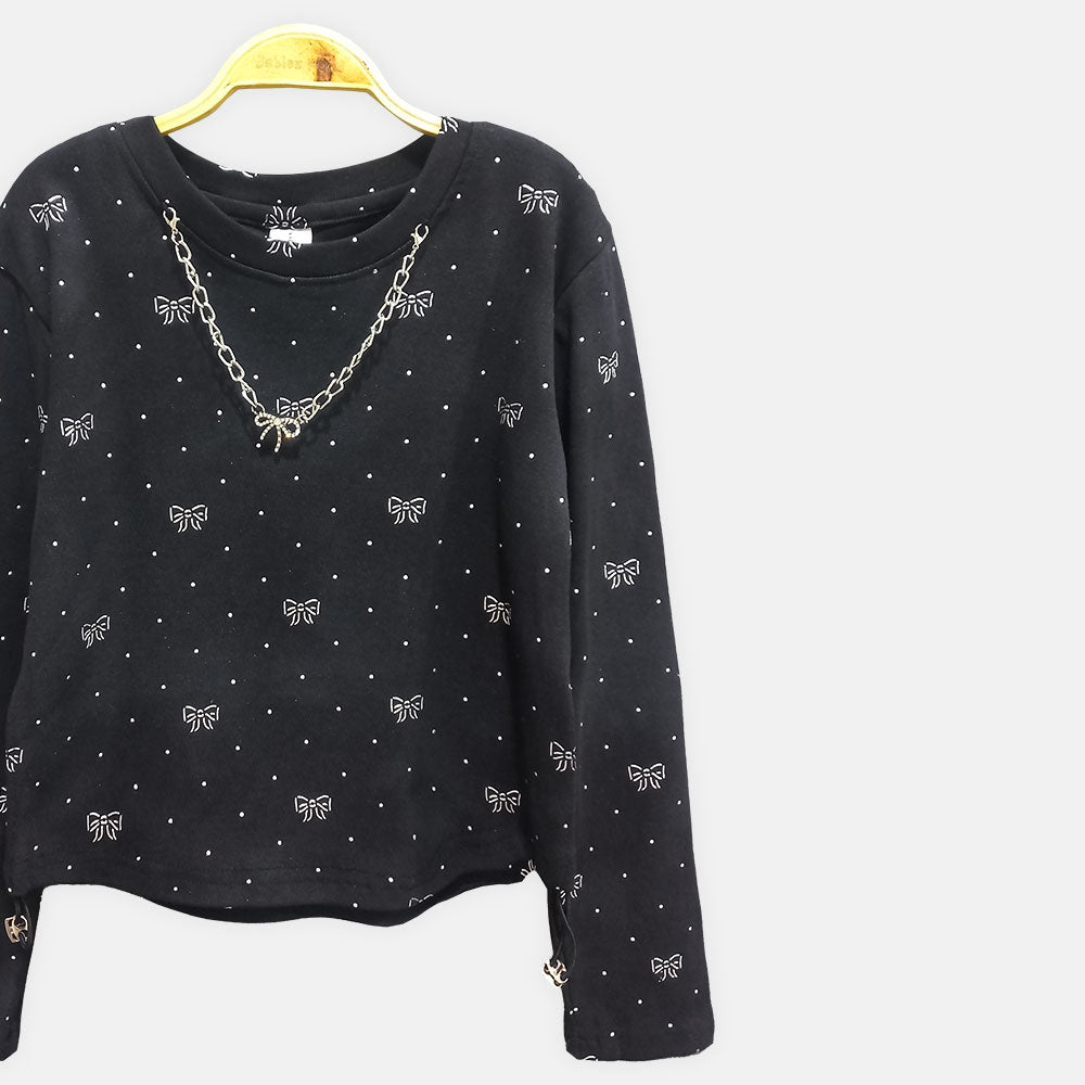 GIRL T-SHIRT BLACK BOW PRINT LONG-SLEEVE