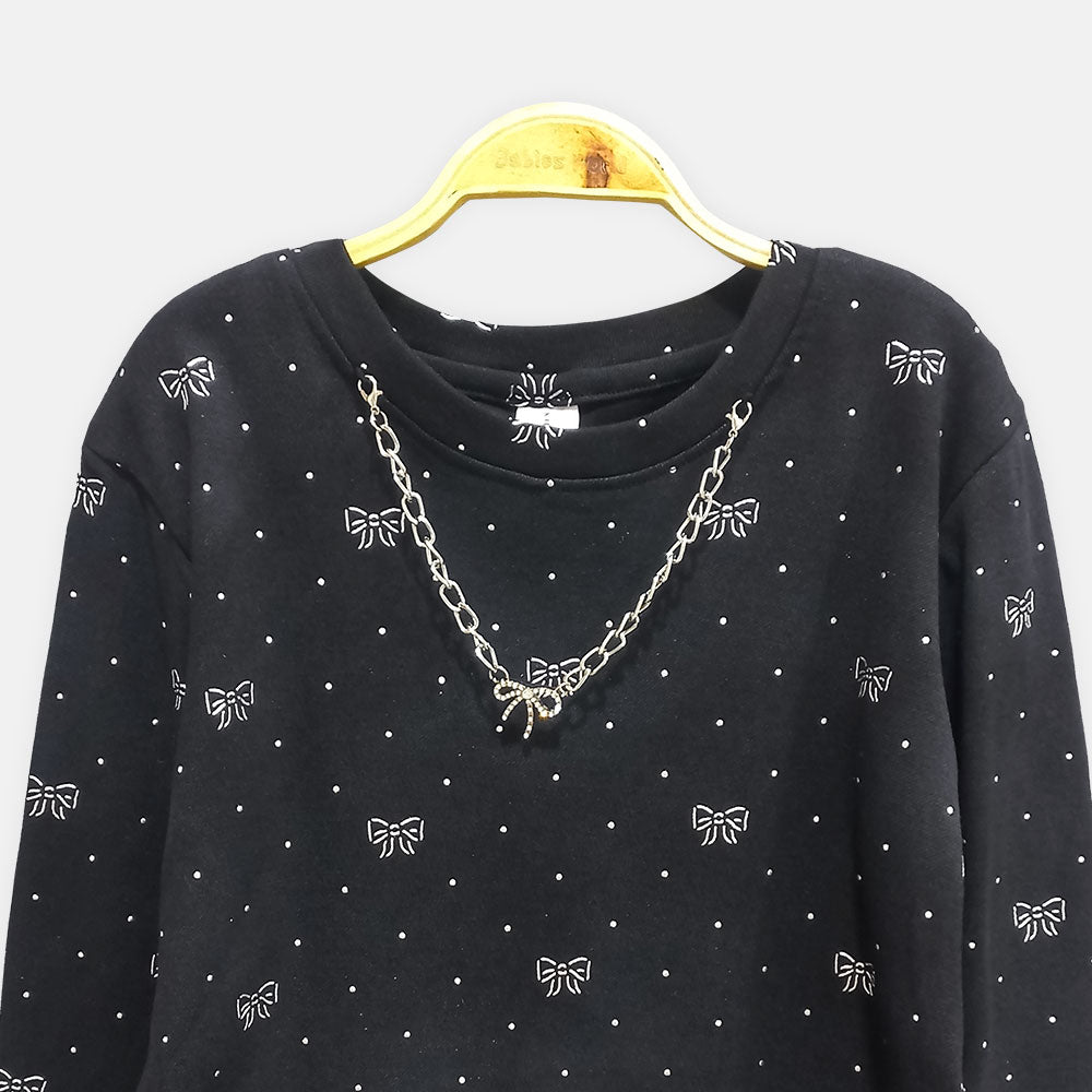 GIRL T-SHIRT BLACK BOW PRINT LONG-SLEEVE