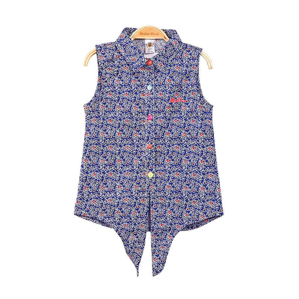 GIRL TOP AEGEAN BLUE FLORAL TIE FRONT