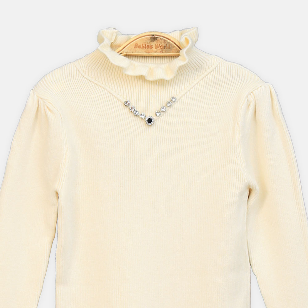GIRL HI-NECK SWEATER IVORY V-NECK EMBELLISHED