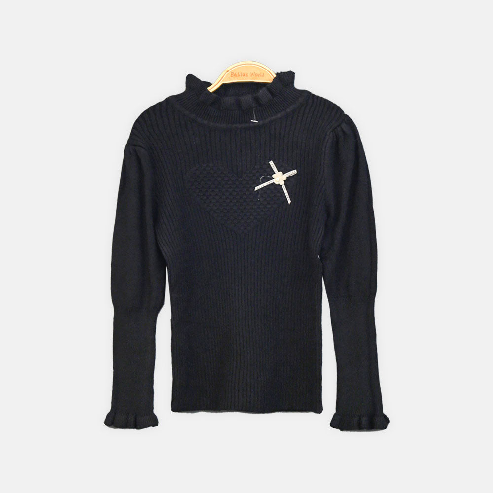 GIRL HI-NECK SWEATER BLACK TEXTURED HEART