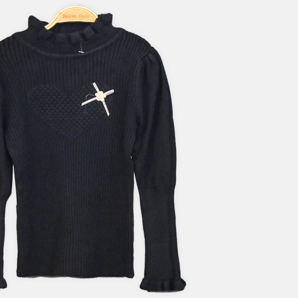 GIRL HI-NECK SWEATER BLACK TEXTURED HEART