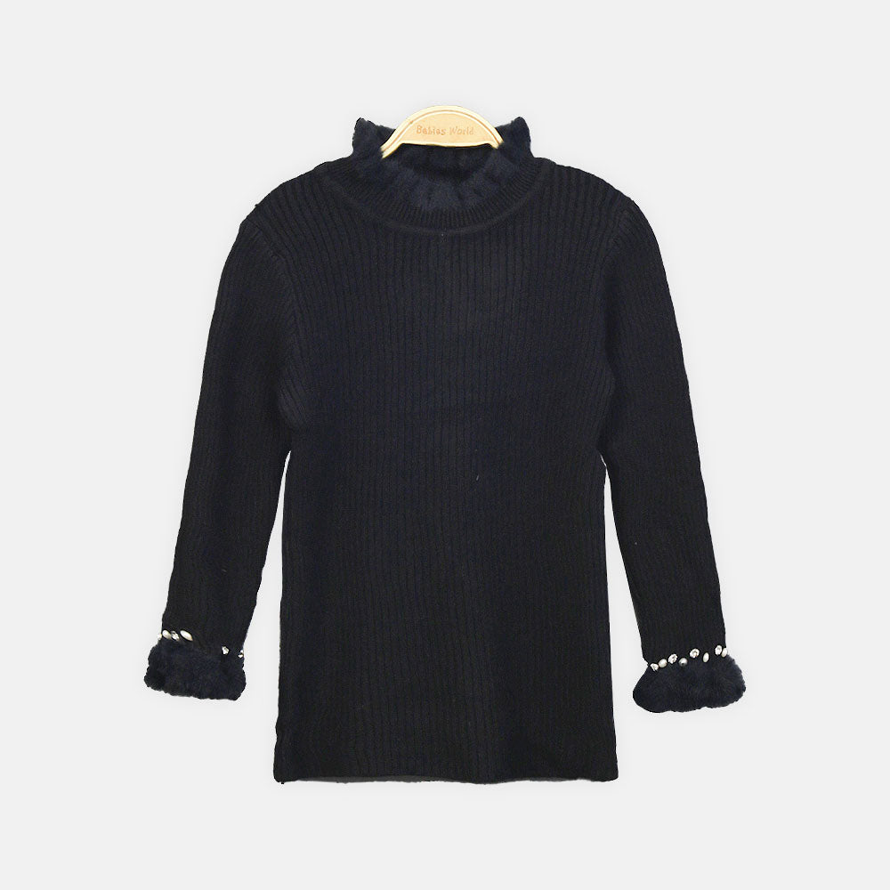 GIRL HI-NECK SWEATER BLACK RUFFLED WITH PEARL EMBELLISHMENTS