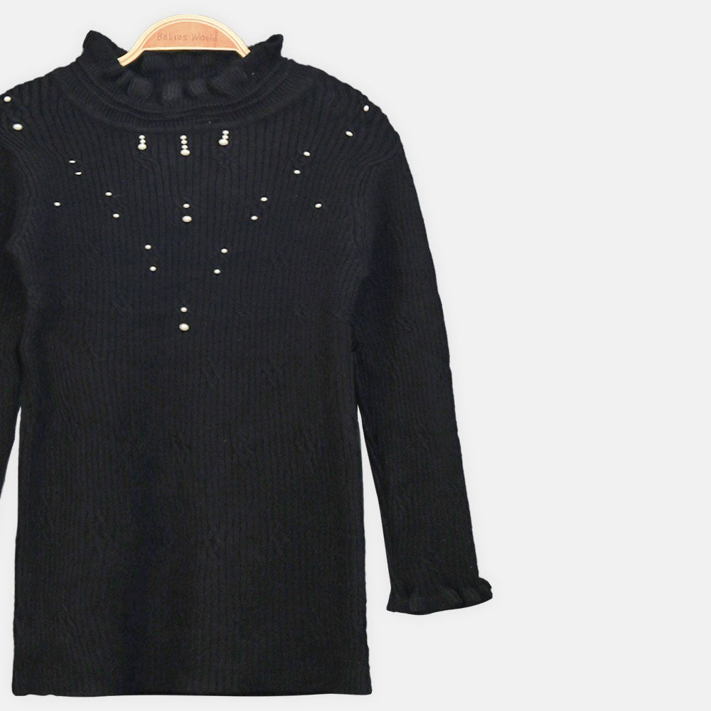 GIRL HI-NECK SWEATER LUXURIOUS BLACK WITH PEARLS