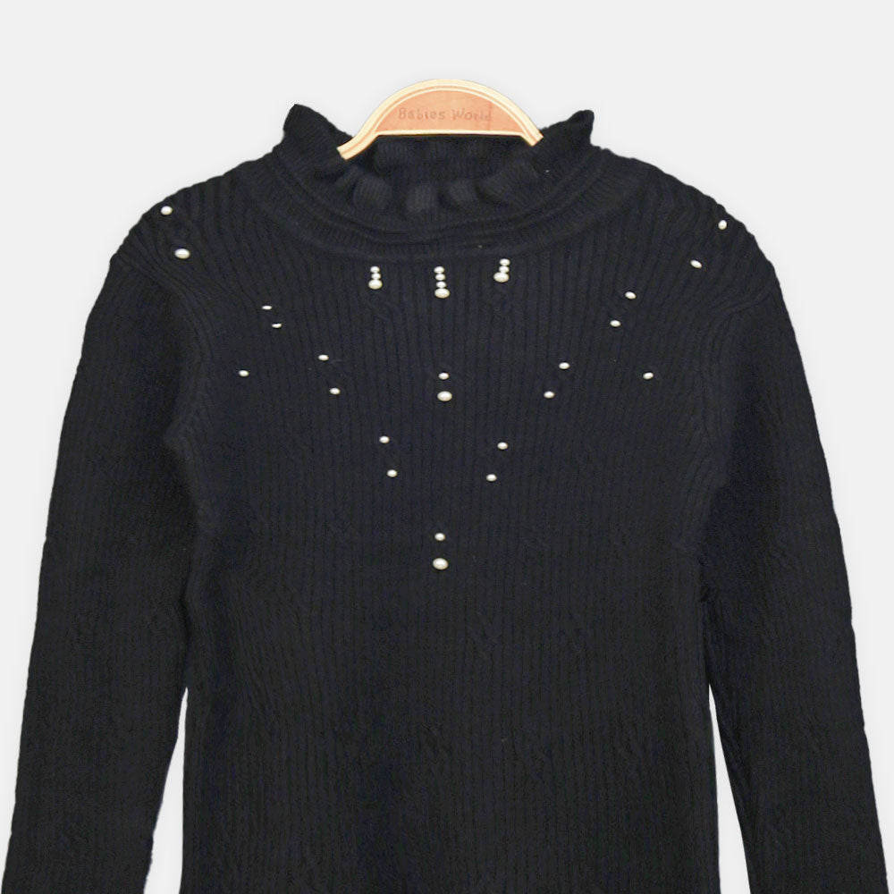 GIRL HI-NECK SWEATER LUXURIOUS BLACK WITH PEARLS