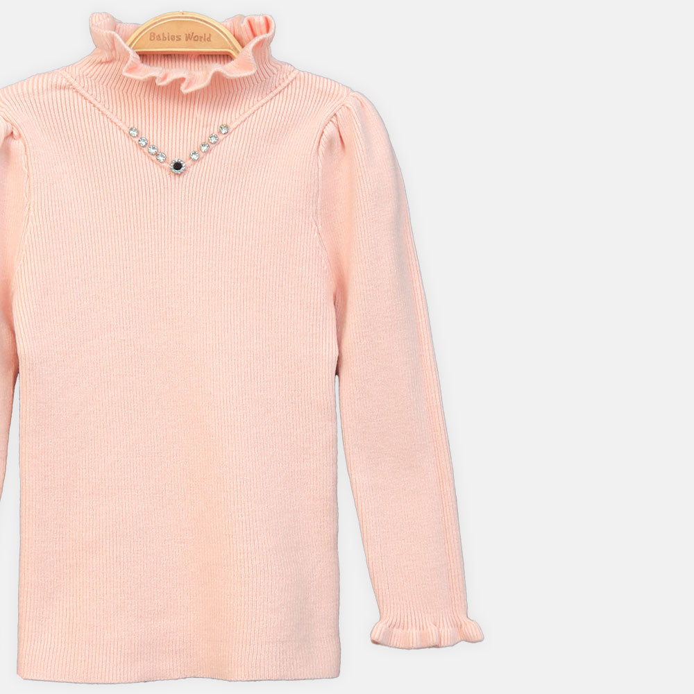 GIRL HI-NECK SWEATER PINK V-NECK EMBELLISHED