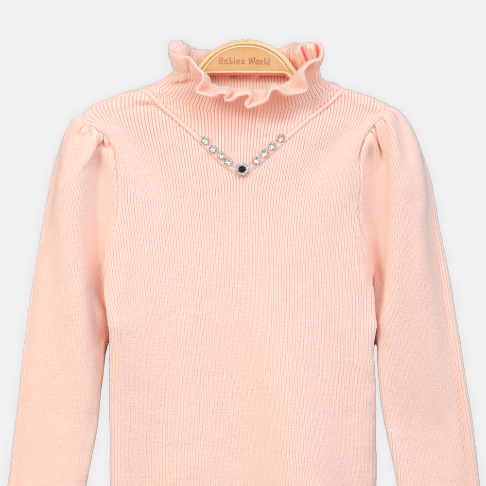 GIRL HI-NECK SWEATER PINK V-NECK EMBELLISHED