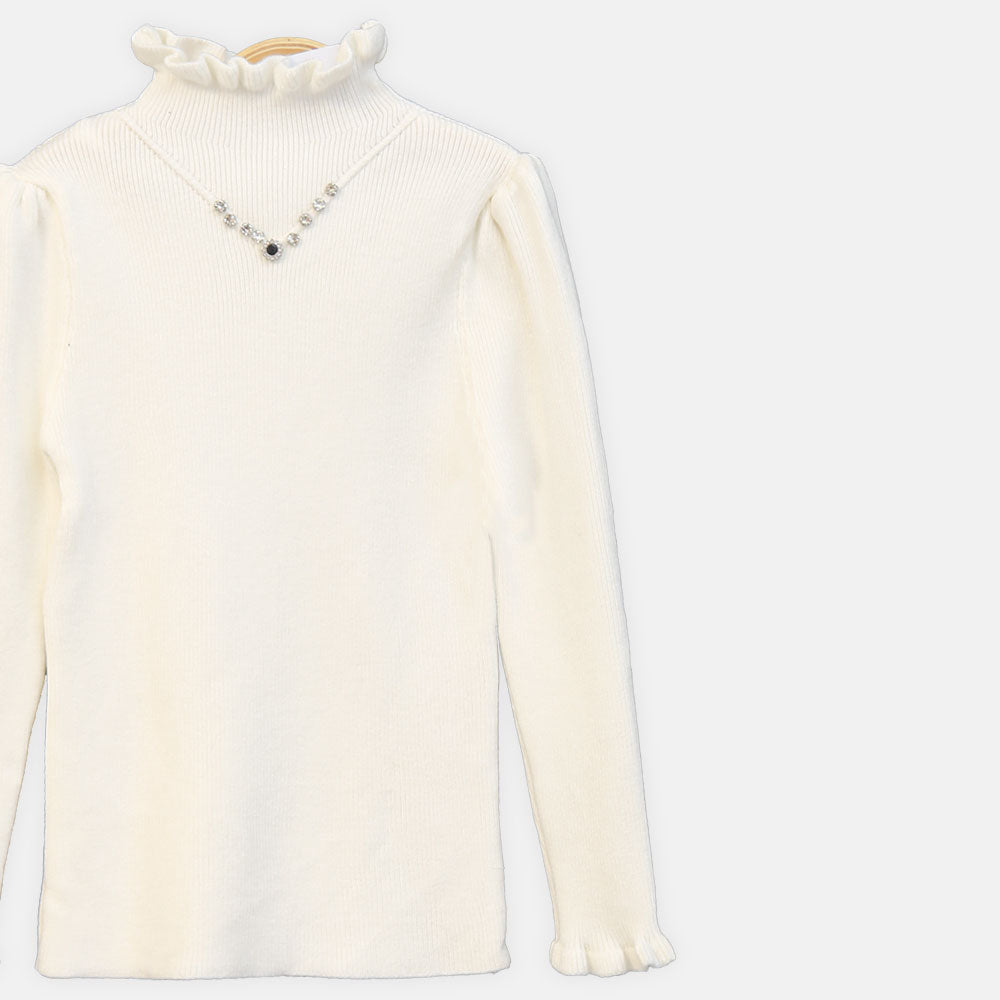 GIRL HI-NECK SWEATER WHITE V-NECK EMBELLISHED