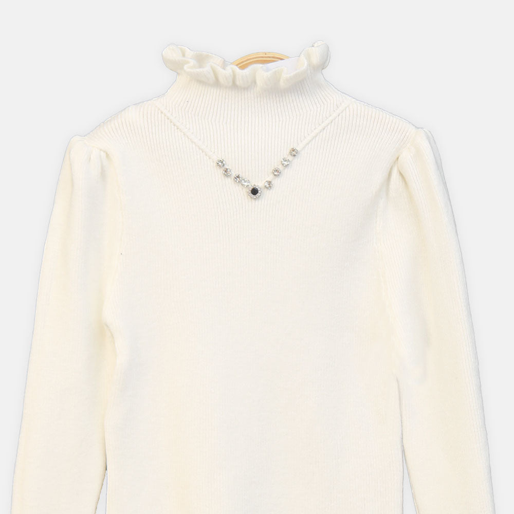 GIRL HI-NECK SWEATER WHITE V-NECK EMBELLISHED