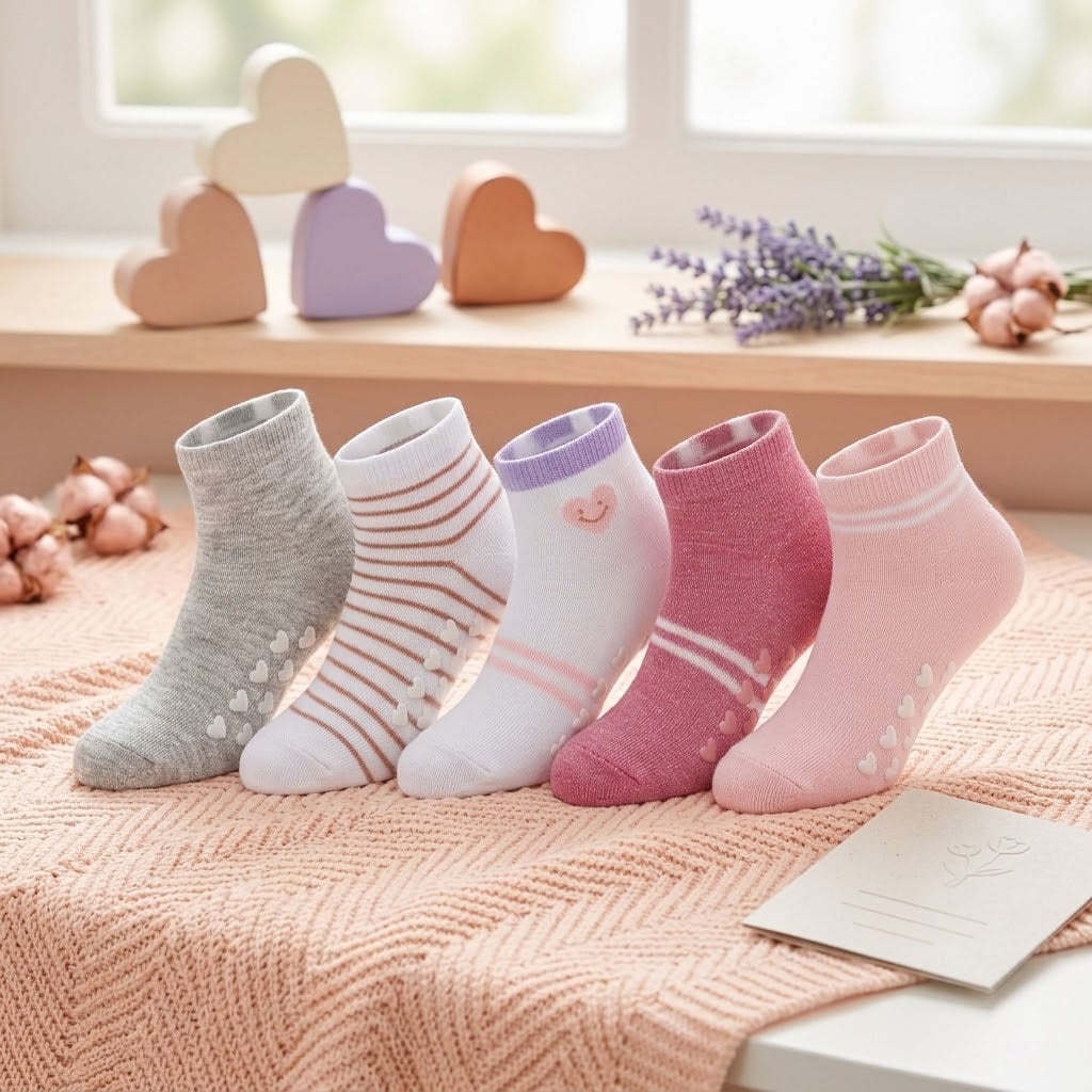 STRIPE & HEART GRIP GIRL SOCKS PK-5
