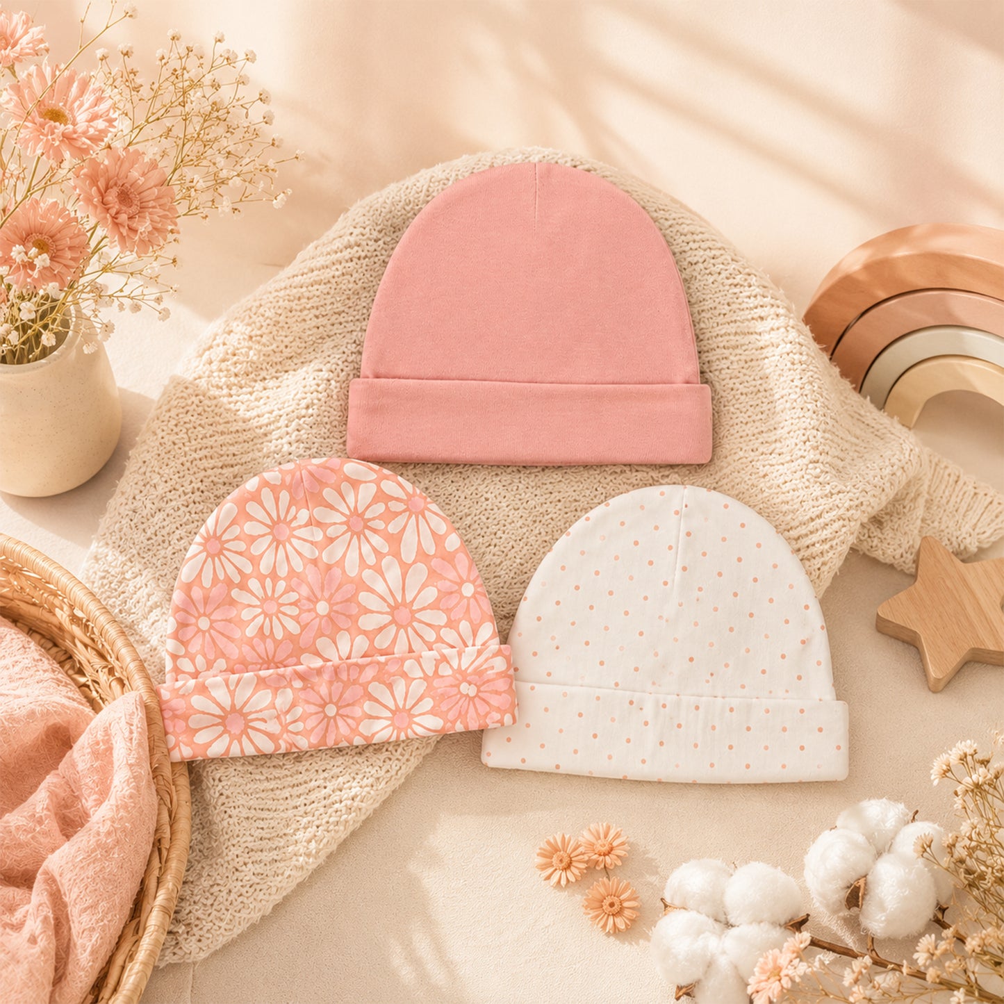 PINK FLORAL BABY CAPS PK-3