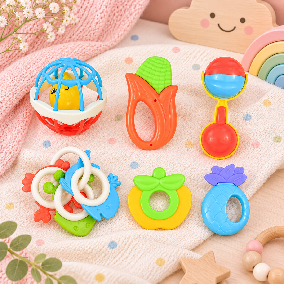 BABY TEETHING RATTLE & GRASPING TOYS SET