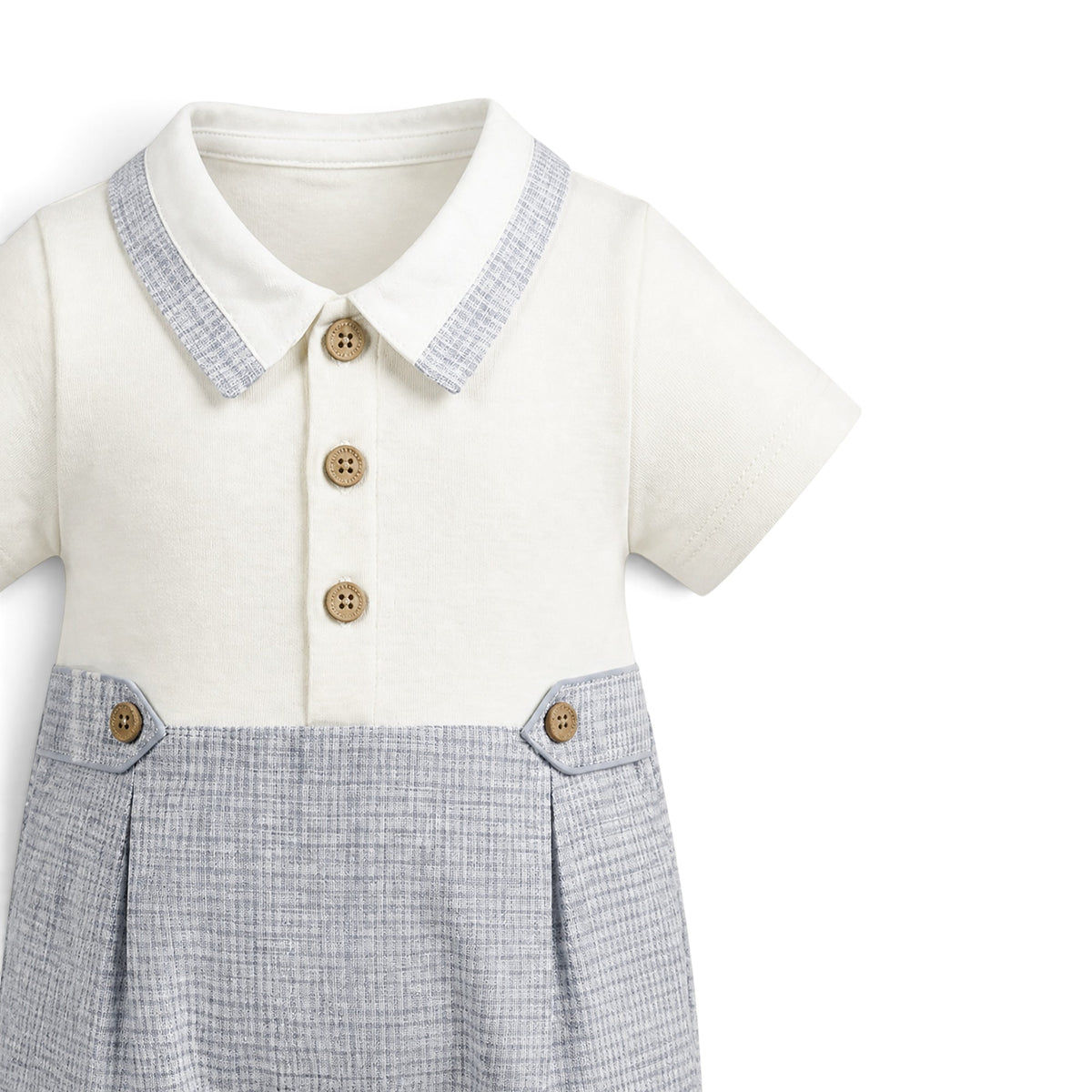 WHITE & BLUISH GREY CHECKED COLLARED ROMPER