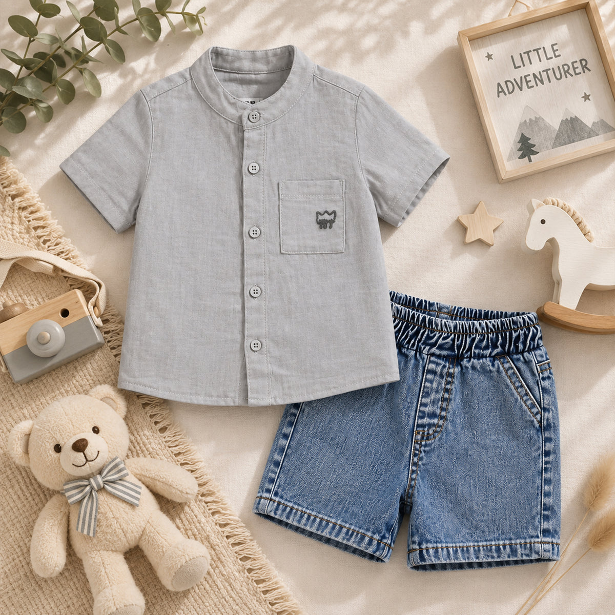 GREY MUSLIN SHIRT AND BLUE DENIM SHORTS BABY BOY OUTFIT
