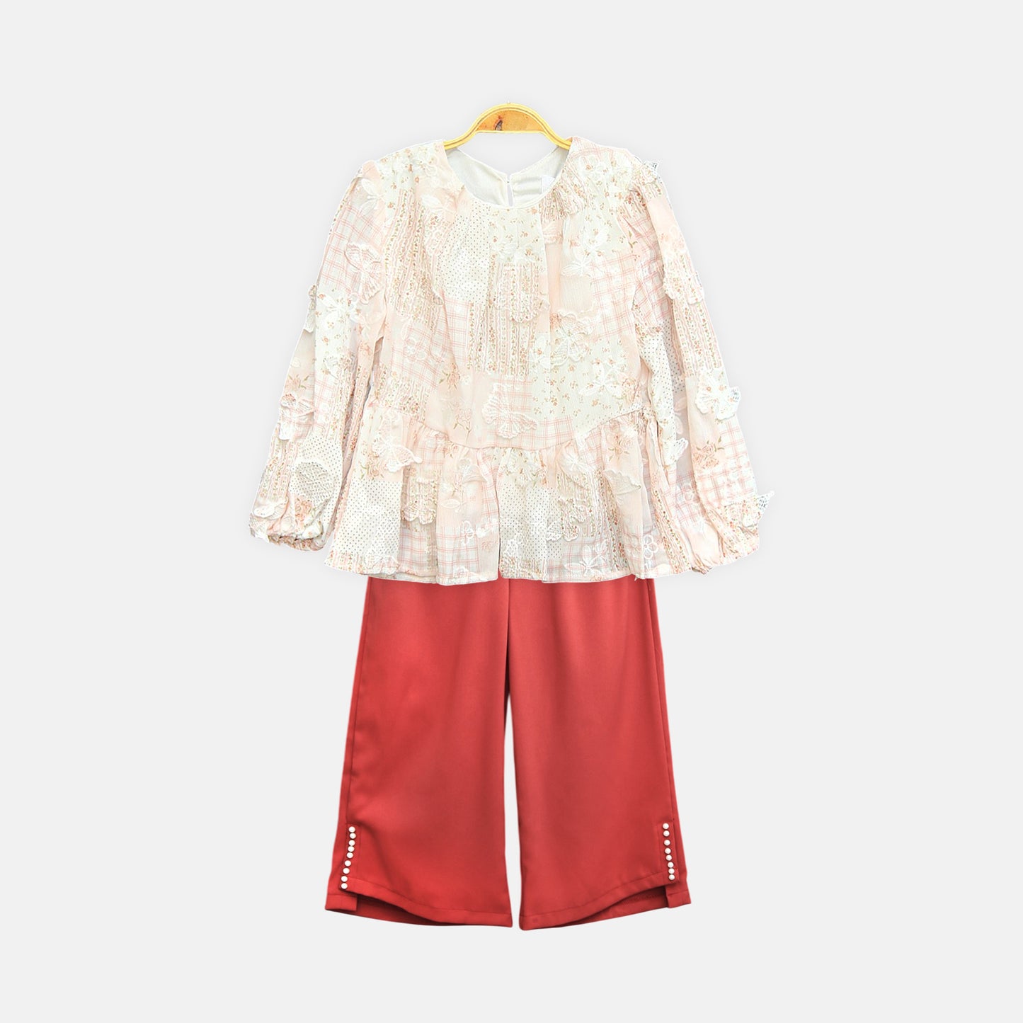 Pink Floral & Red Pants Set