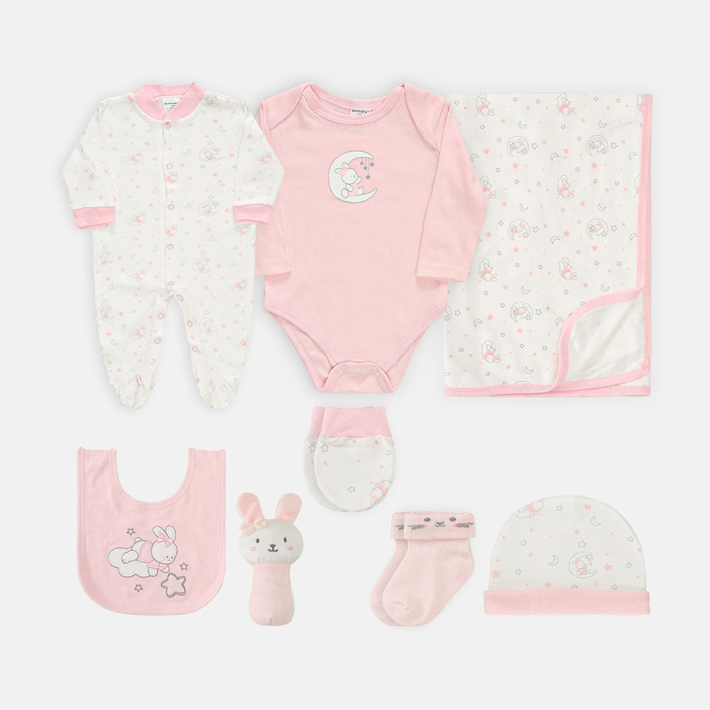 BABY GIRLS GIFT SET PINK AND WHITE PLAYING BUNNY