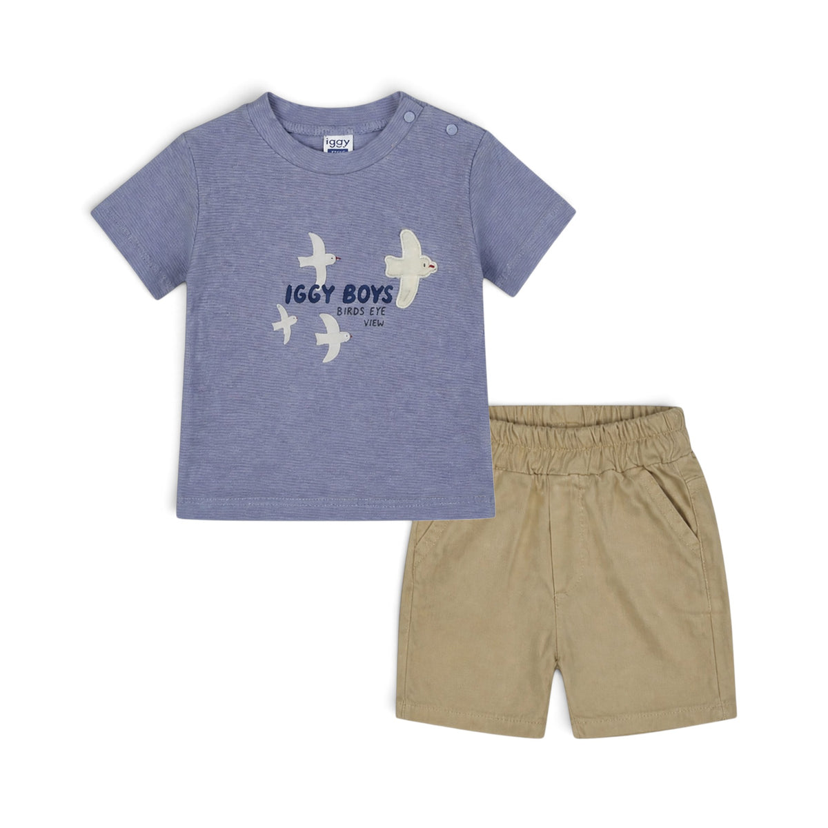LIGHT BLUE "IGGY BOYS" SHIRT AND BEIGE SHORTS BABY BOY OUTFIT