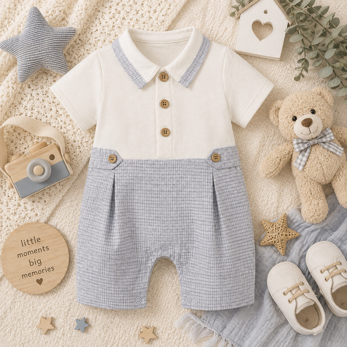 WHITE & BLUISH GREY CHECKED COLLARED ROMPER