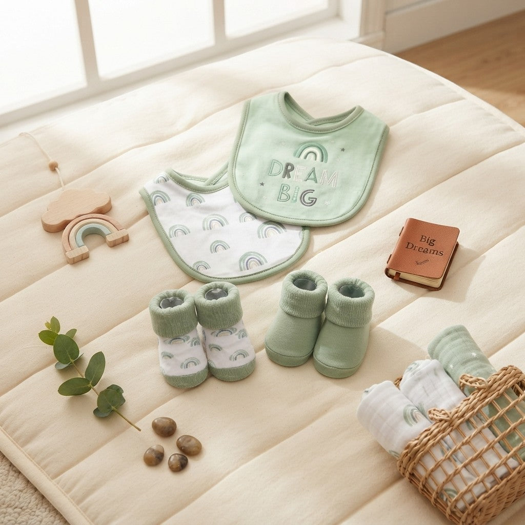 RAINBOW-THEMED INFANT BIBS PK-2 & 2 BOOTIES