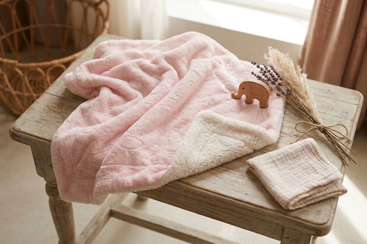 PINK CLOUD & MOON EMBOSSED REVERSIBLE BLANKET