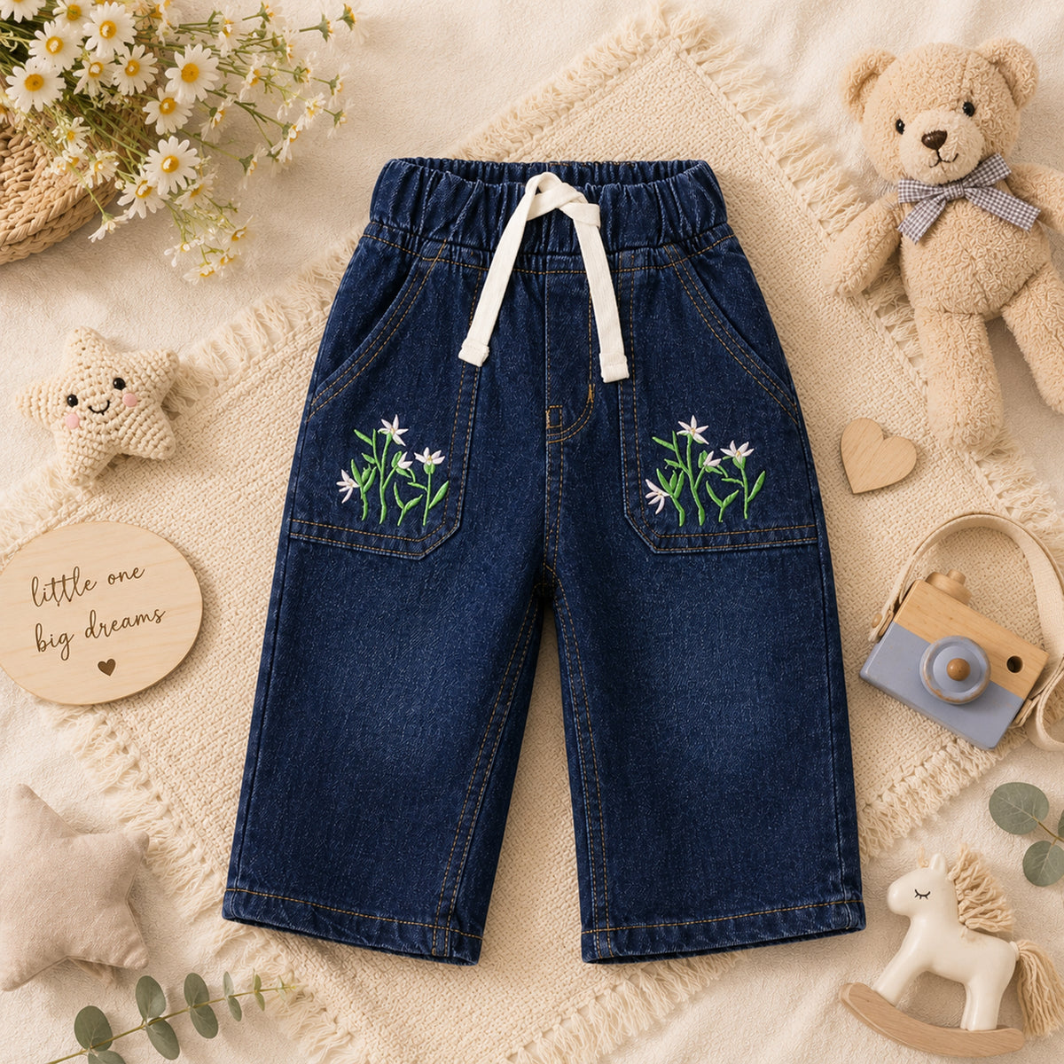 BABY GIRL DARK WASH FLORAL-EMBROIDERED DENIM JEANS