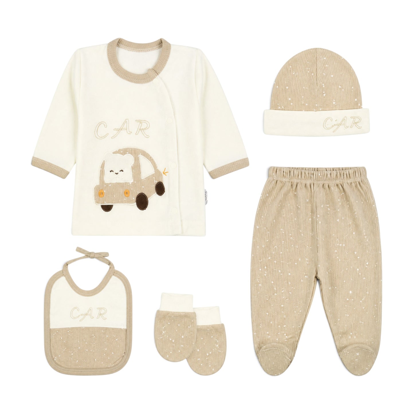 CREAM AND BEIGE "CAR" BEAR BABY BOY GIFT SET