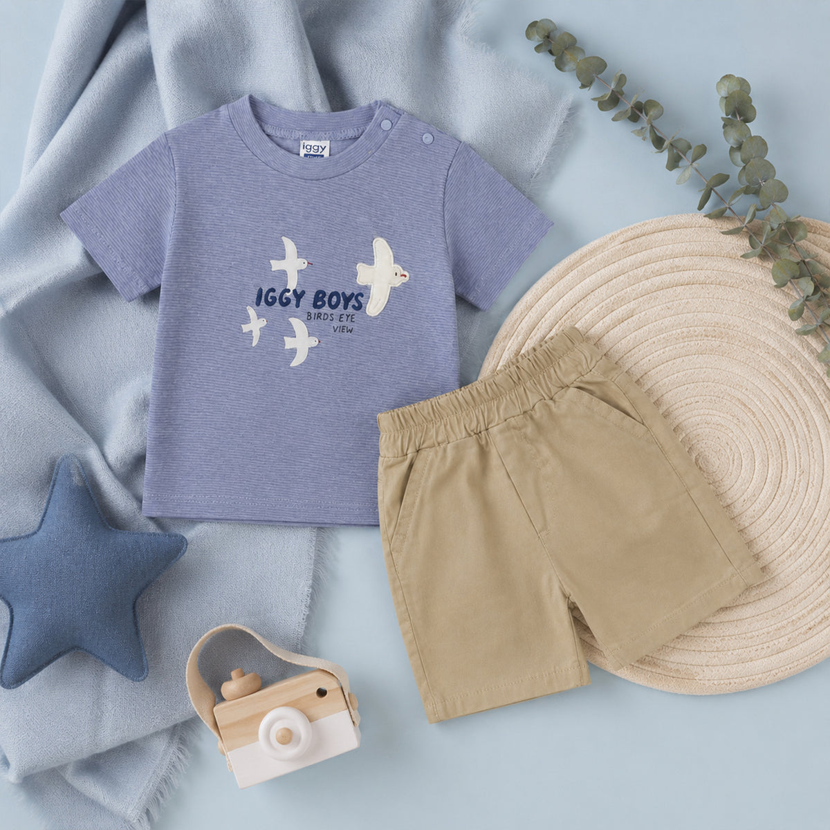 LIGHT BLUE "IGGY BOYS" SHIRT AND BEIGE SHORTS BABY BOY OUTFIT