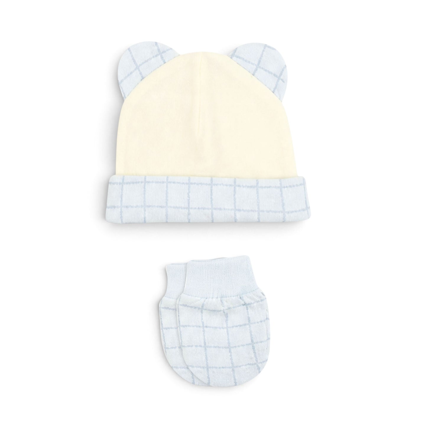 BLUE GRID AND CREAM SLEEPING BEAR BABY BOY GIFT SET