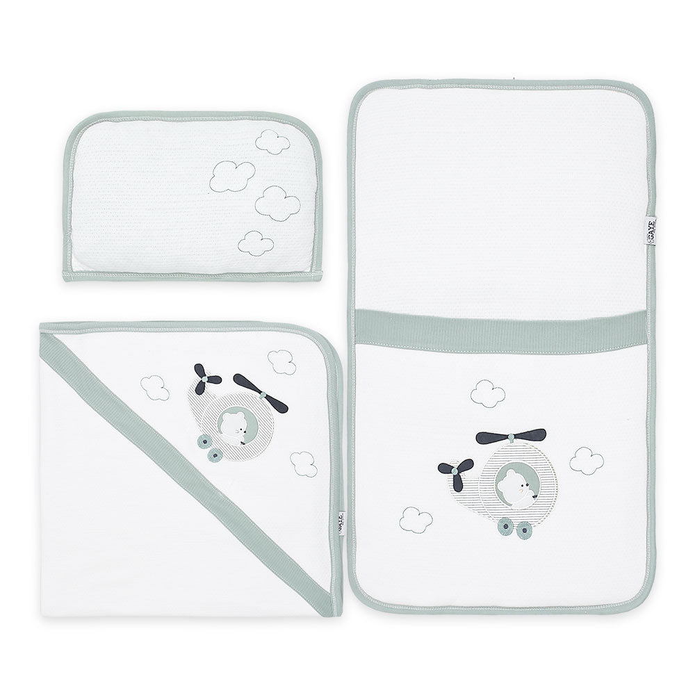 SLEEPING SET GREEN TEDDY & HELICOPTER