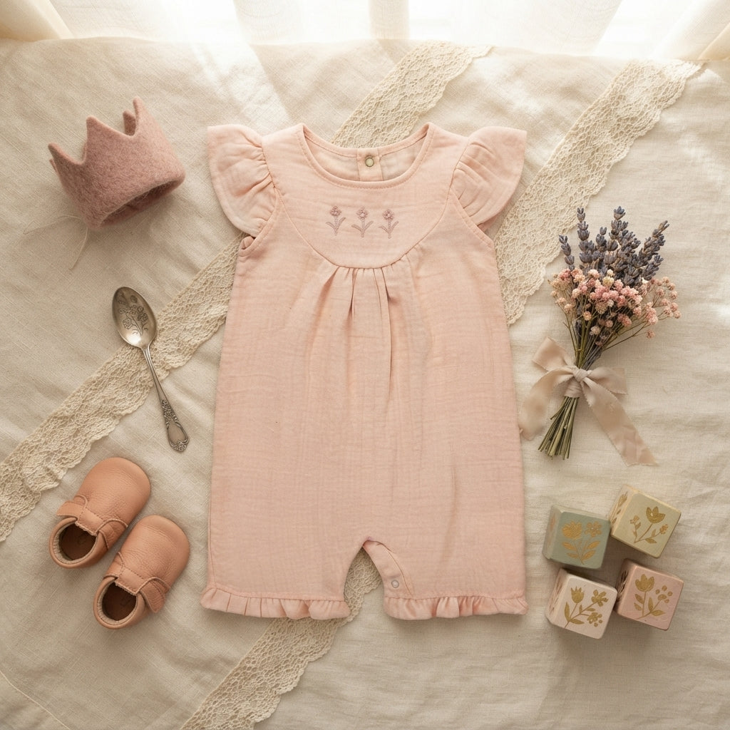 PEACH MUSLIN RUFFLE GIRL ROMPER