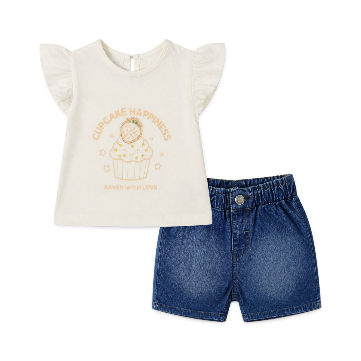 WHITE CUPCAKE "BAKED WITH LOVE" AND DENIM SHORTS BABY GIRL OUTFIT