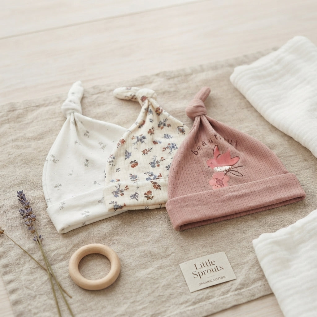 KNOTTED FLORAL BABY CAPS PK-3