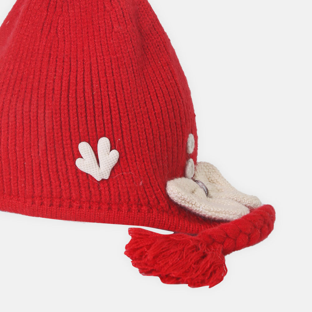 GIRL WINTER CAP COZY RED WITH POM-POM AND BOW