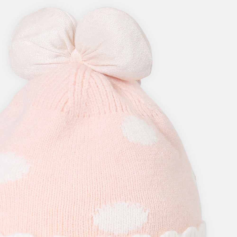 GIRL WINTER CAP PEACH POLKA DOT BOW