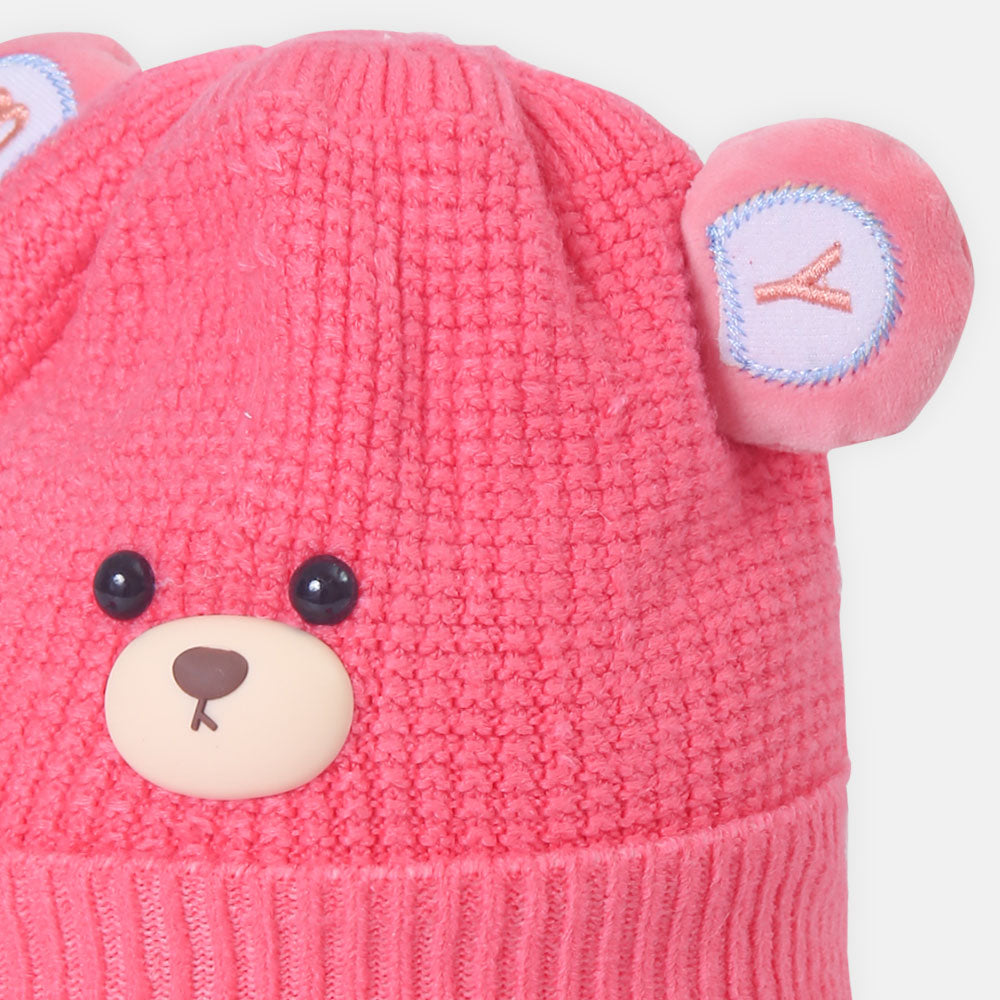 BABY WINTER CAP HOT PINK WITH BEAR THEME
